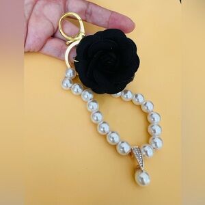 Pearl Bead Keychain with Black Rose and Gold Hardware